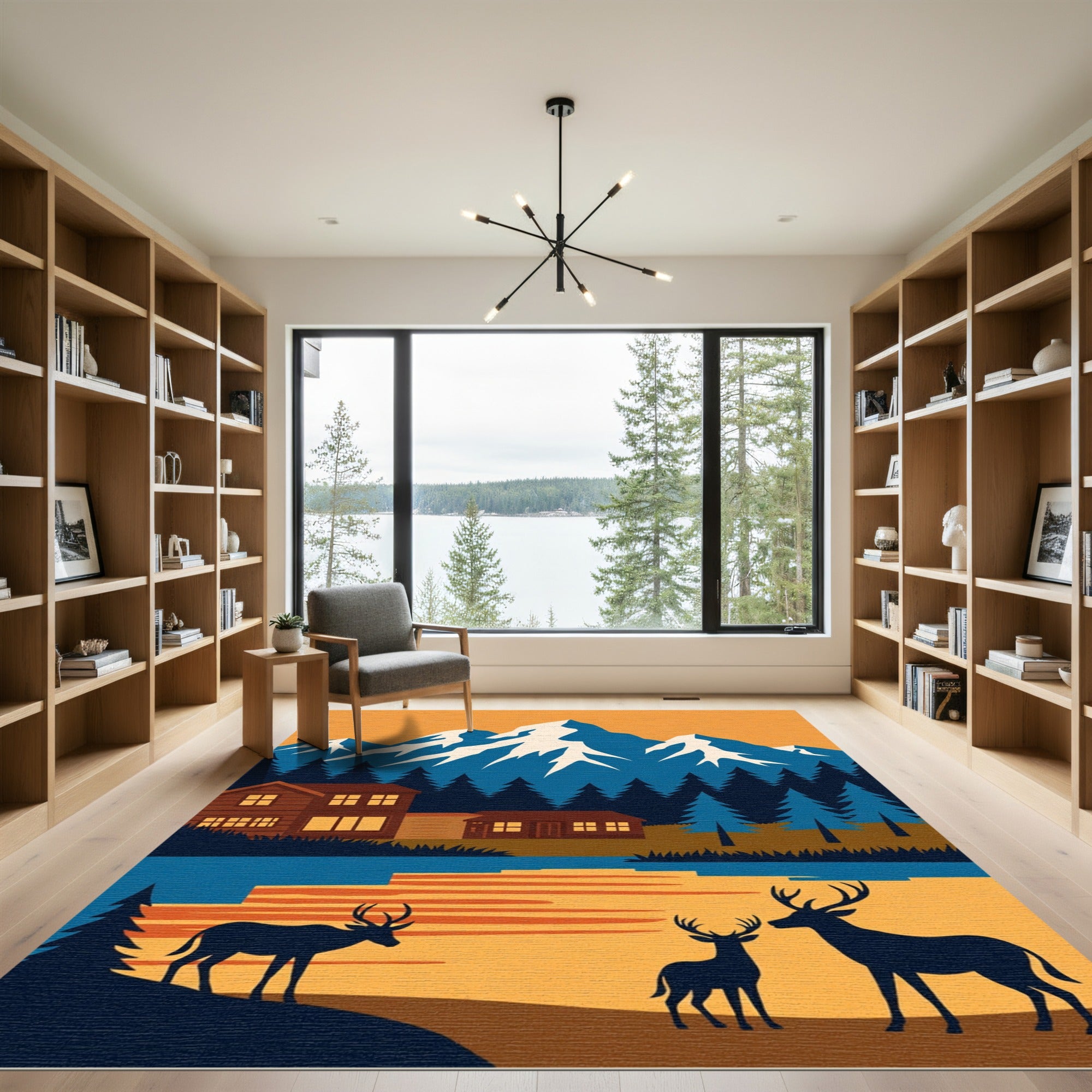 Rustic Mountain Cabin Deer Landscape Rug