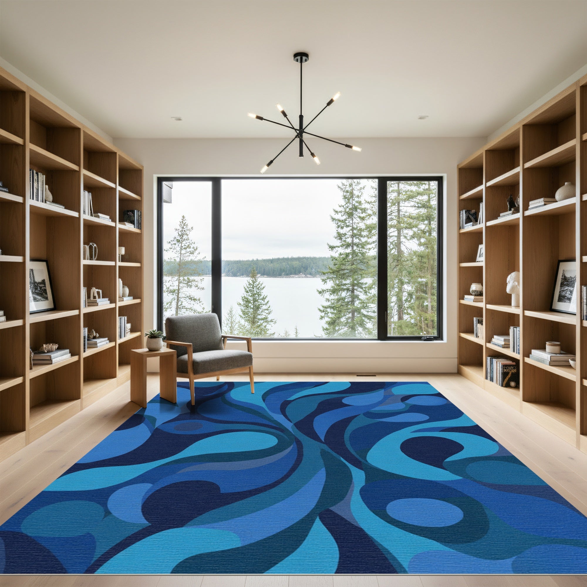 Deep Blue Swirling Fluid Abstract Rug