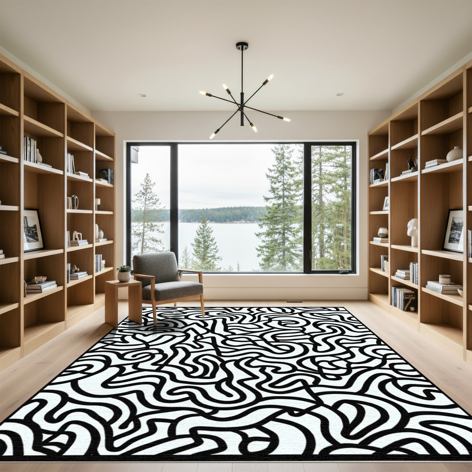 Black White Abstract Continuous Line Rug