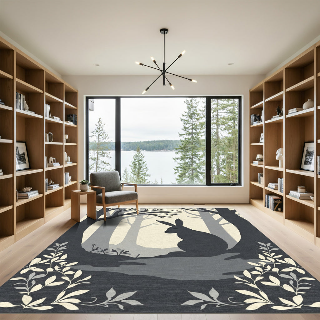 Monochromatic Forest Hare Silhouette Rug