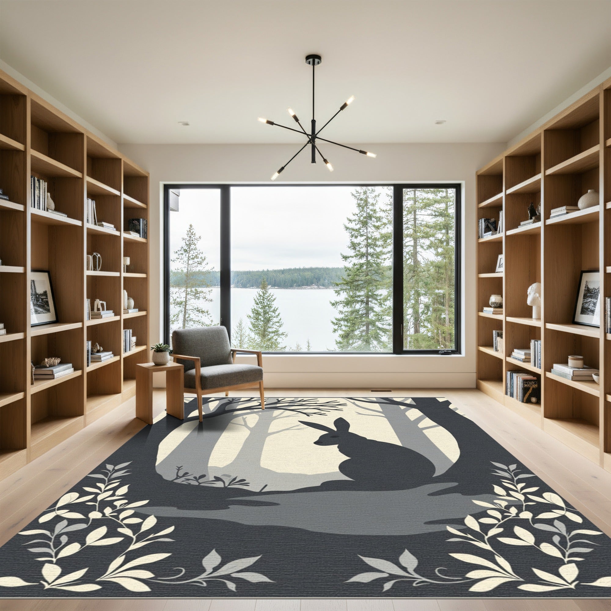 Monochromatic Forest Hare Silhouette Rug