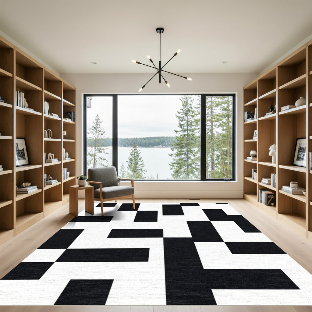 Black White Geometric Offset Rectangles Rug