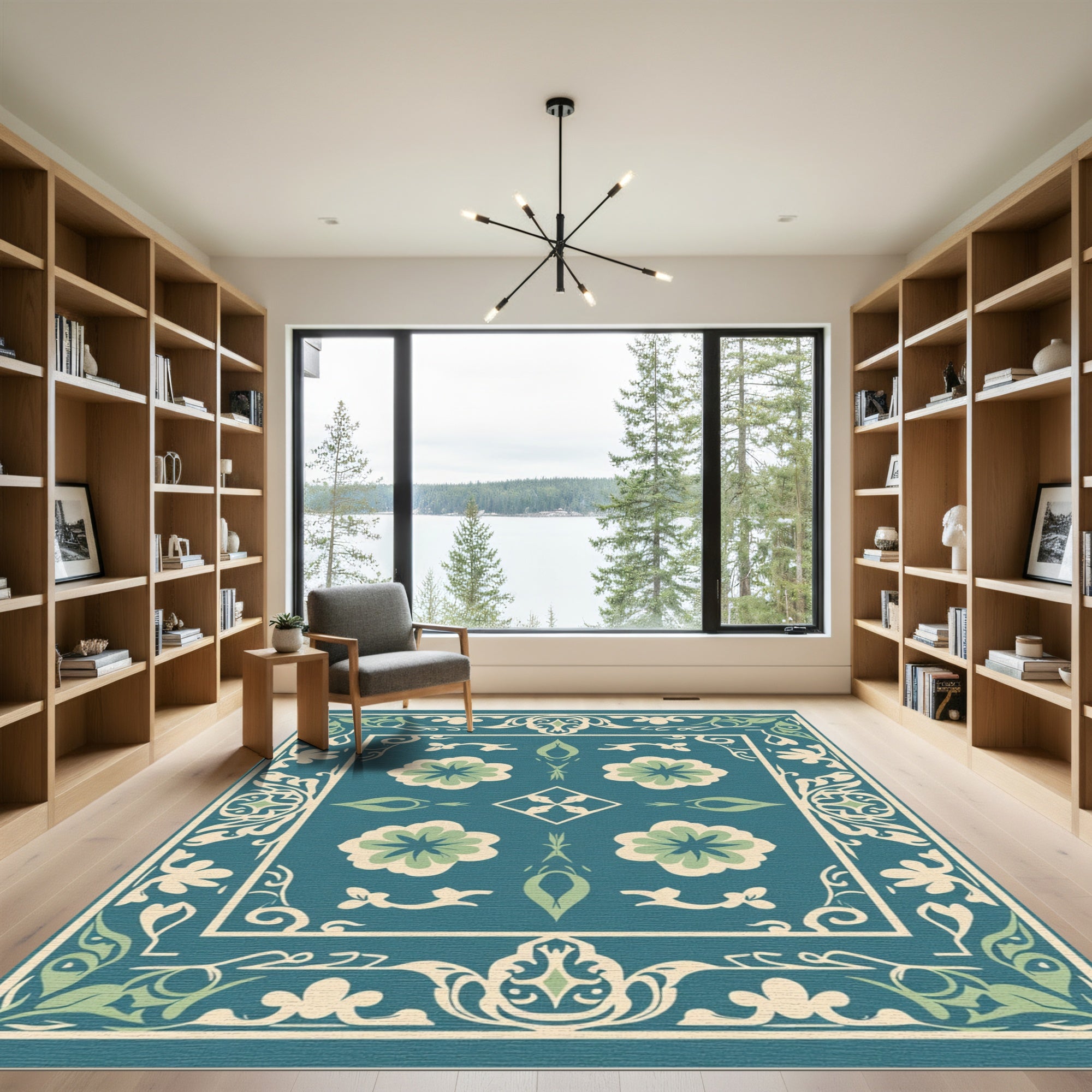 Teal and Cream Floral Medallion Rug