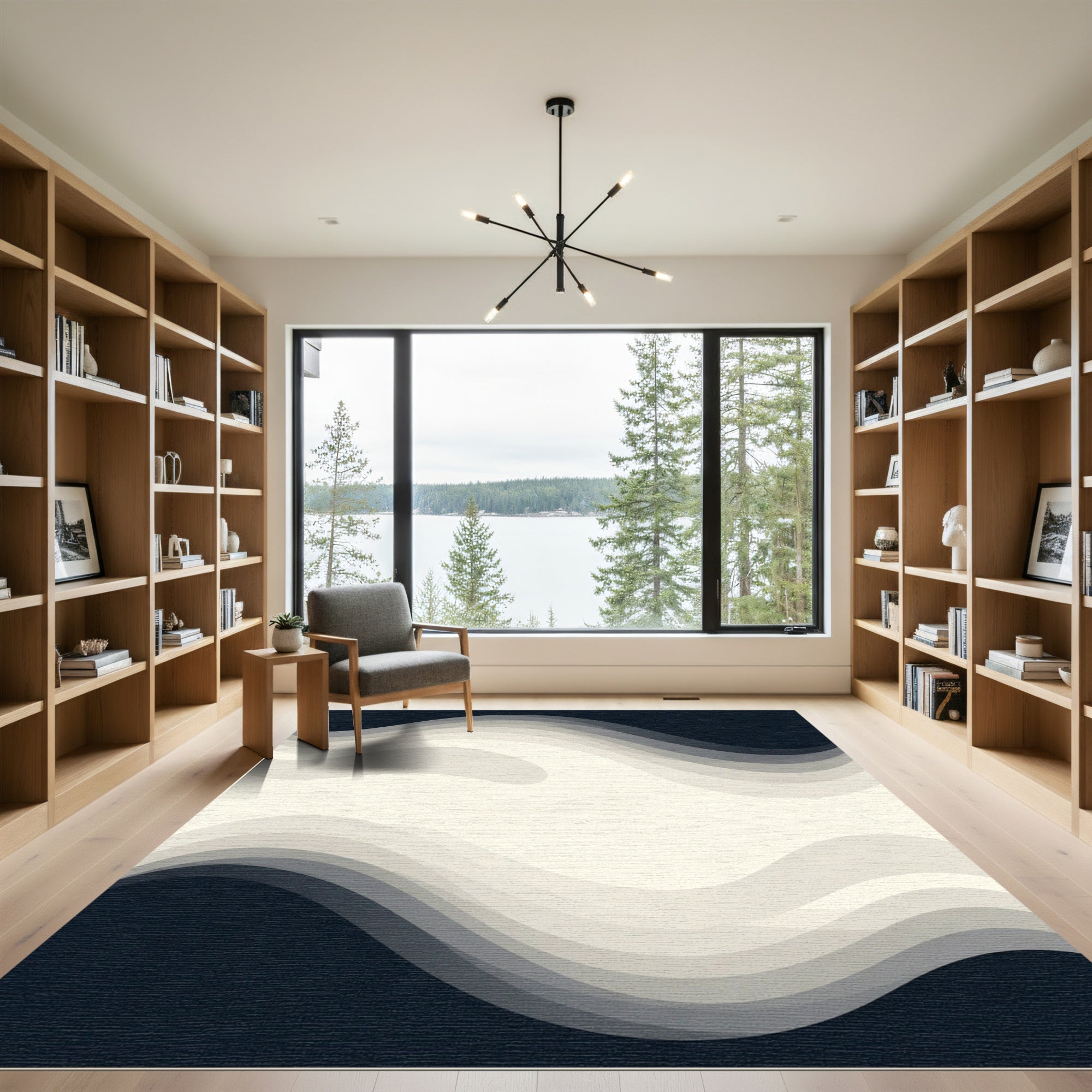 Deep Navy Abstract Wave Overlay Rug
