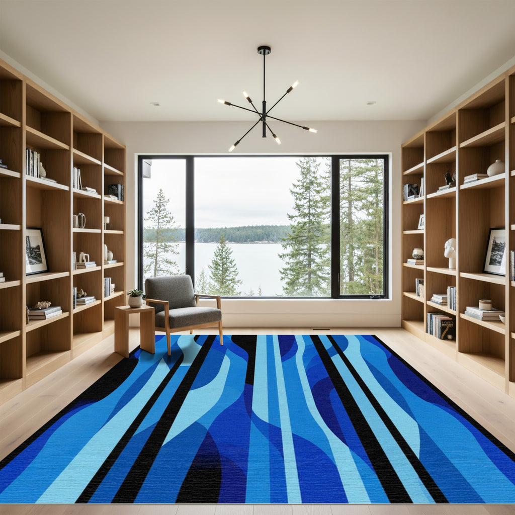 Abstract Blue Fluid Stripe Rug