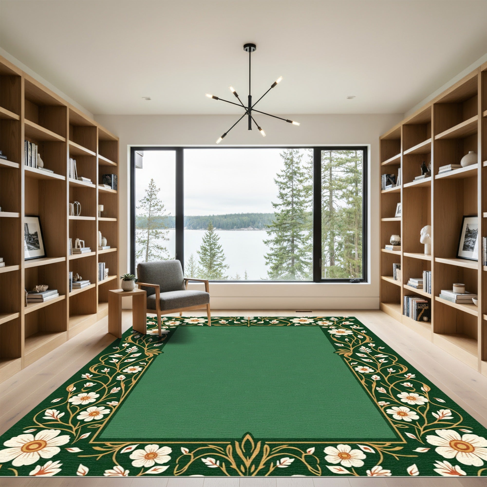 Dark Green Botanical Vine Border Rug
