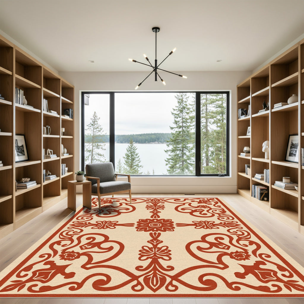 Deep Red Scroll Filigree Medallion Rug
