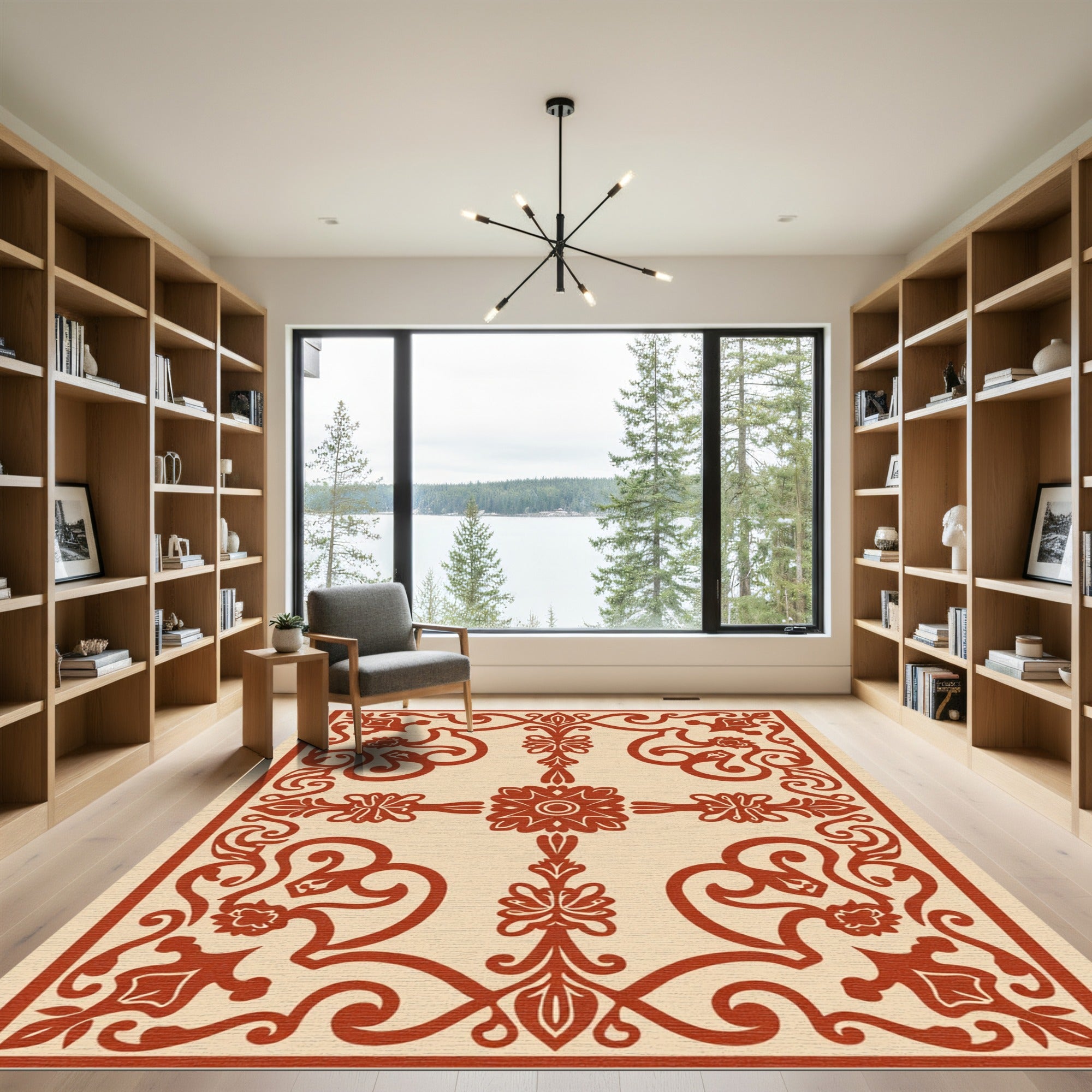 Deep Red Scroll Filigree Medallion Rug