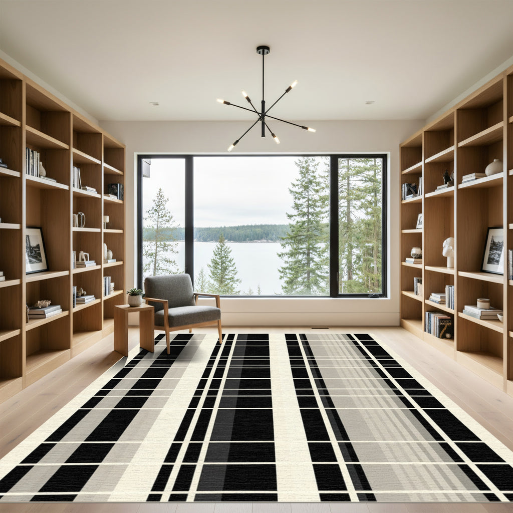 Monochrome Abstract Stripe Checkerboard Rug
