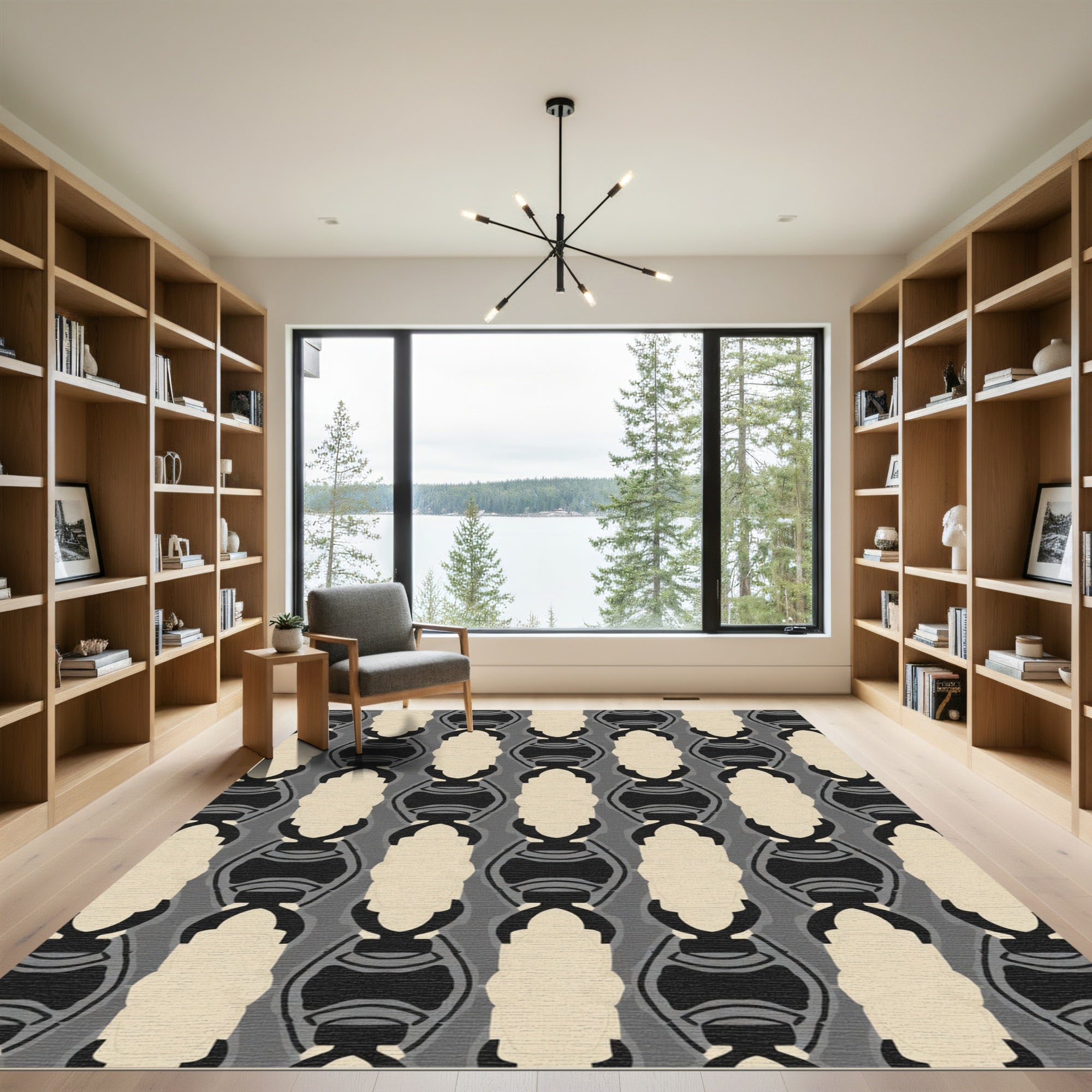 Modern Beige Black Abstract Oval Rug