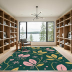 Botanical Leaf Floral Green Gold Rug