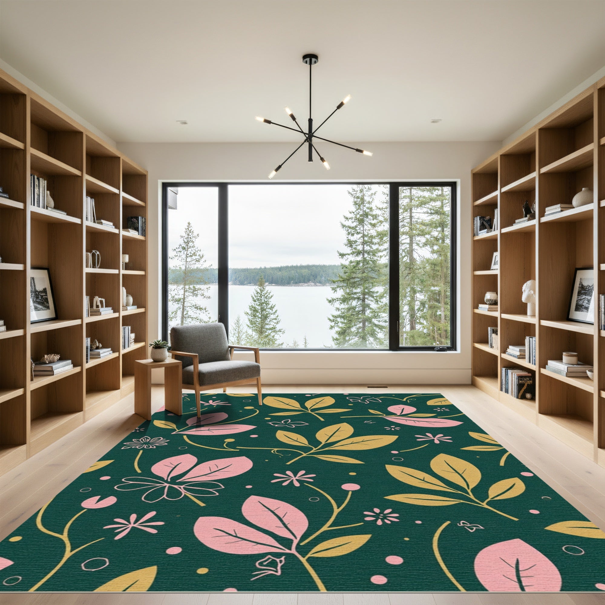 Botanical Leaf Floral Green Gold Rug