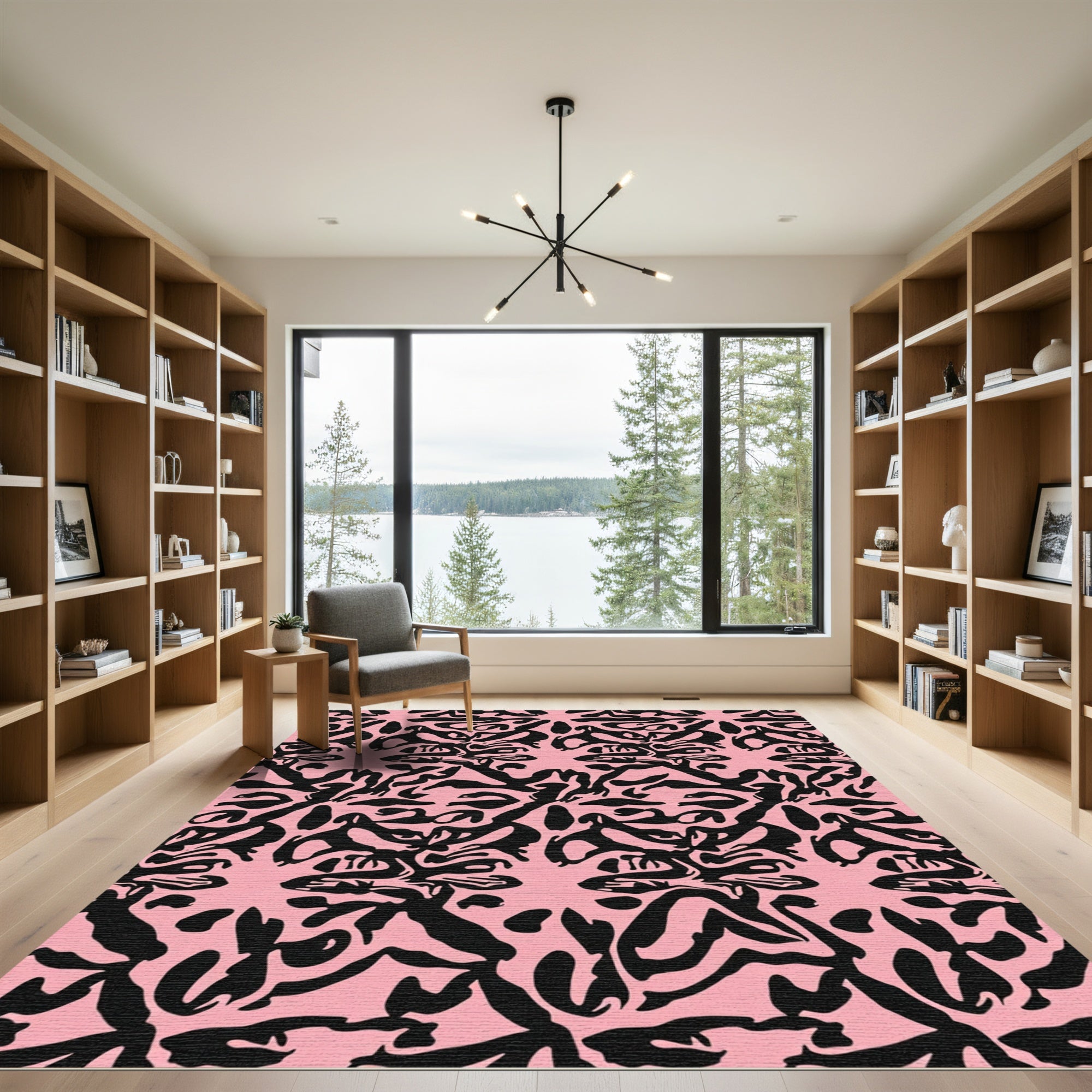 Bold Pink Black Abstract Organic Flow Rug