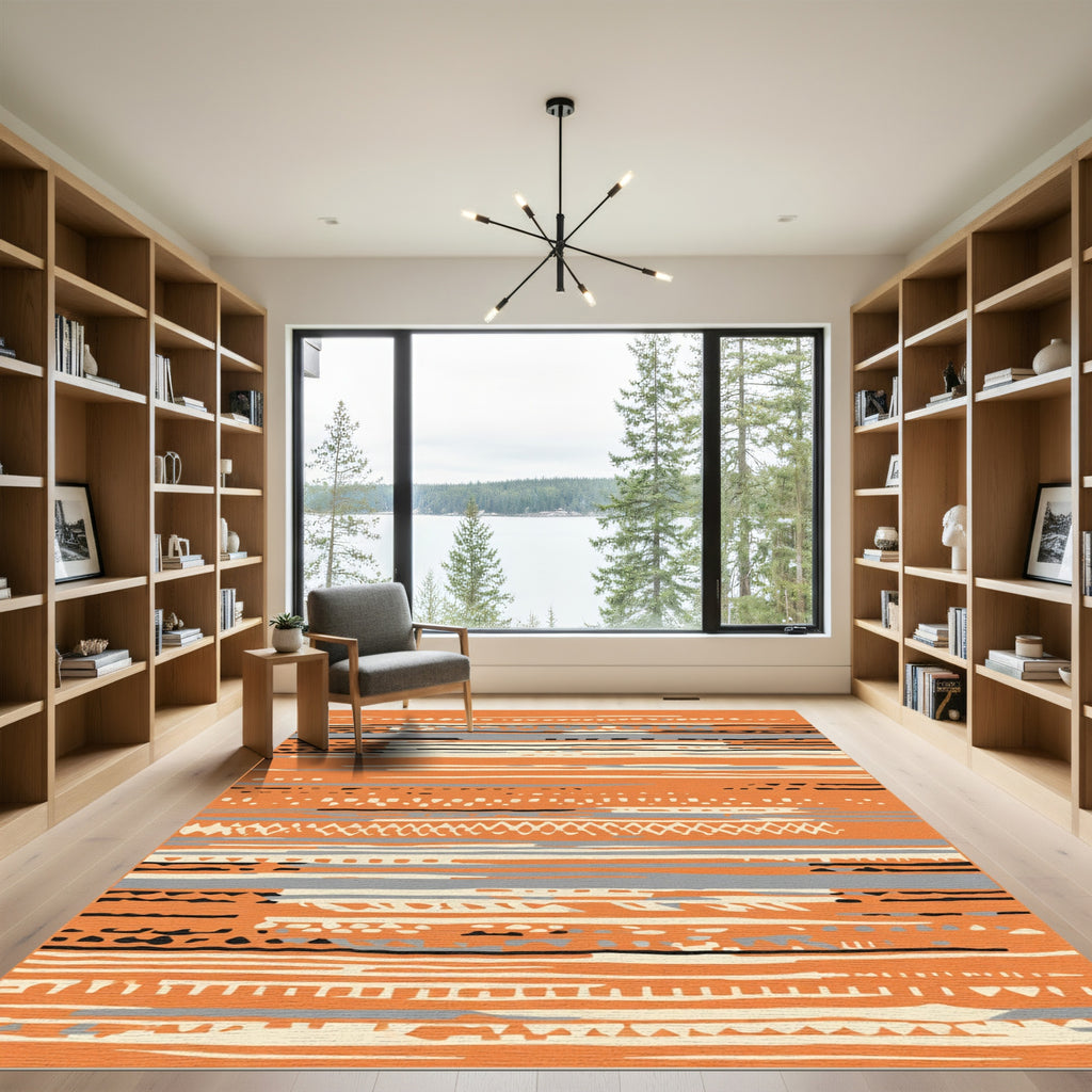 Abstract Orange Grey Tribal Stripe Rug