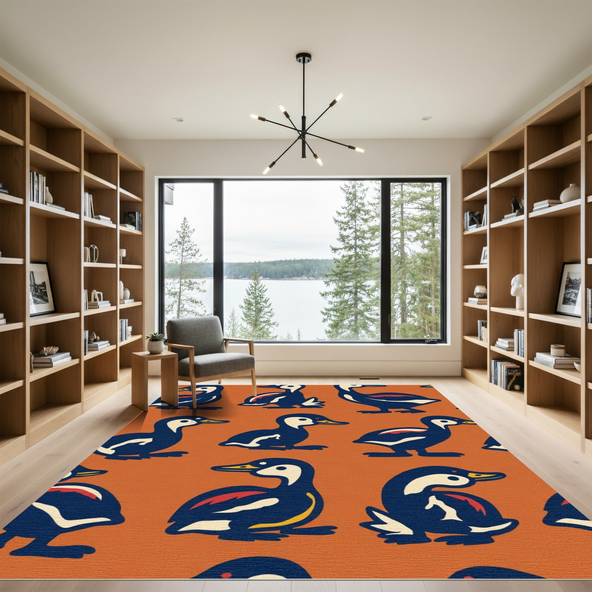 Orange Background Dark Blue Bird Collection Rug