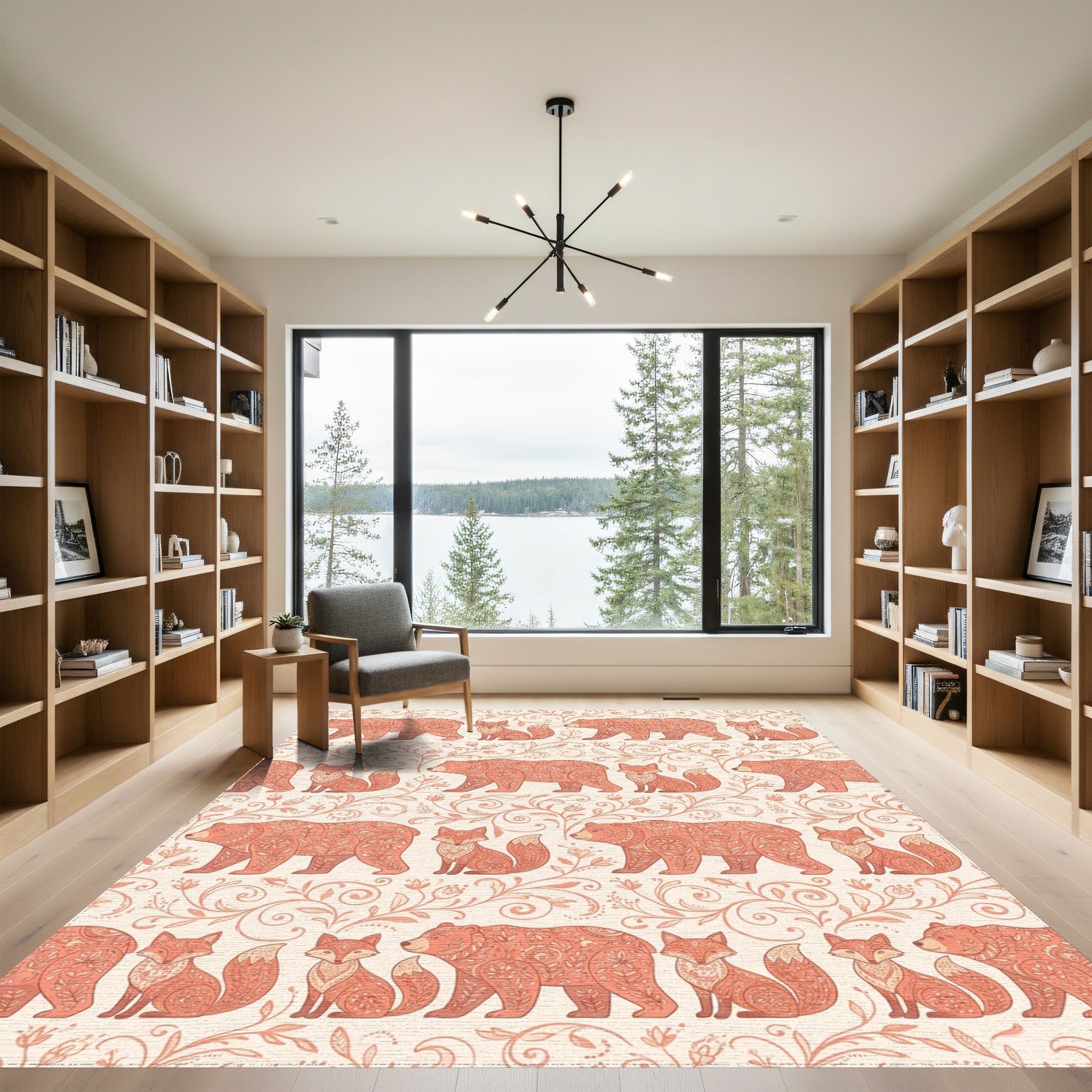 Salmon Folk Art Bear Fox Vine Repeat Rug