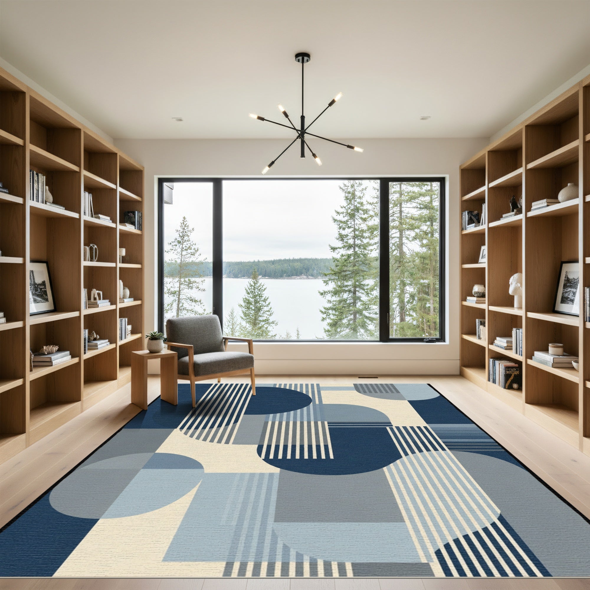 Geometric Blue Circles And Stripes Rug