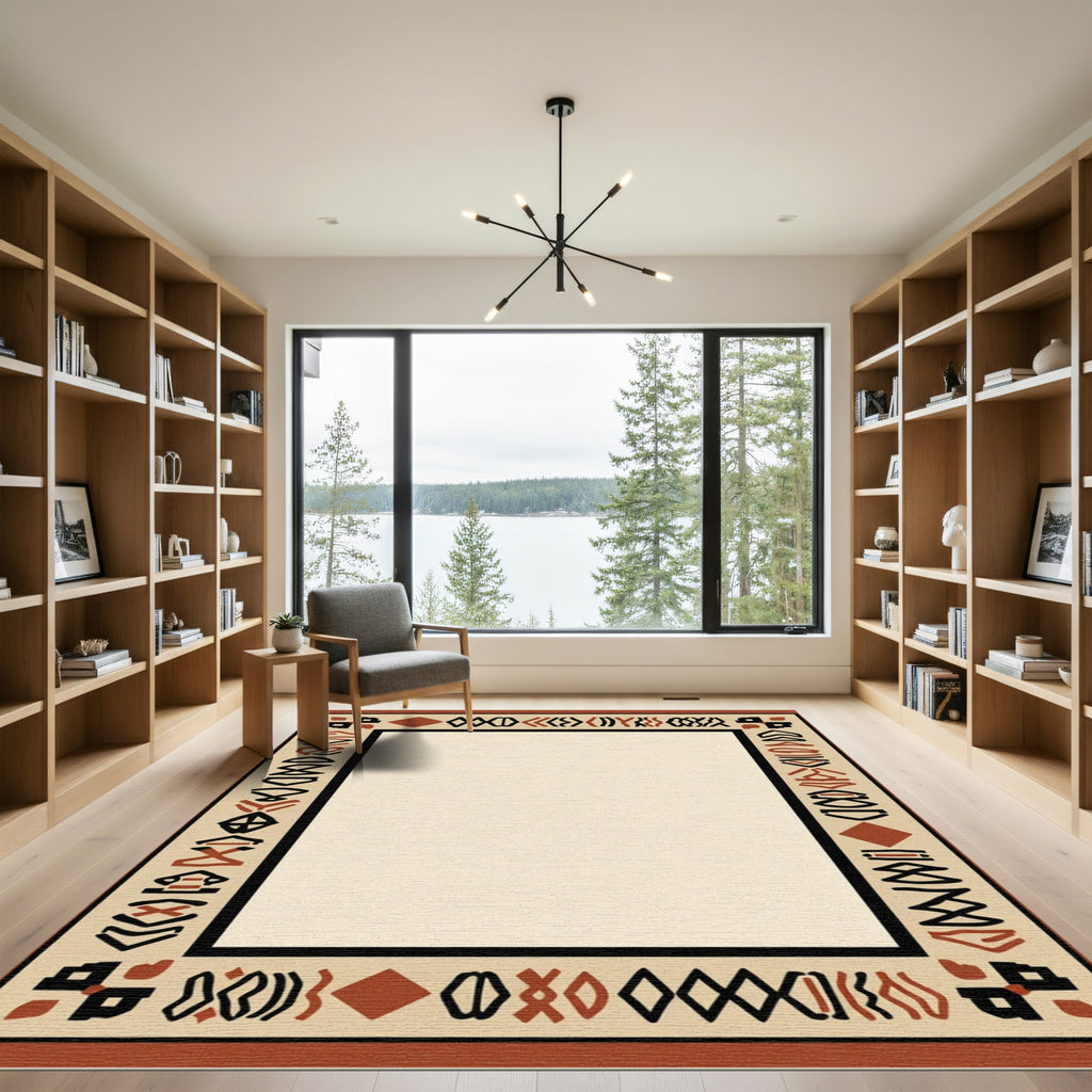 Terracotta Tribal Symbols Geometric Border Rug