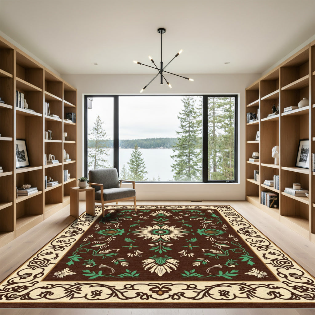 Antique Brown Floral Crests Rug