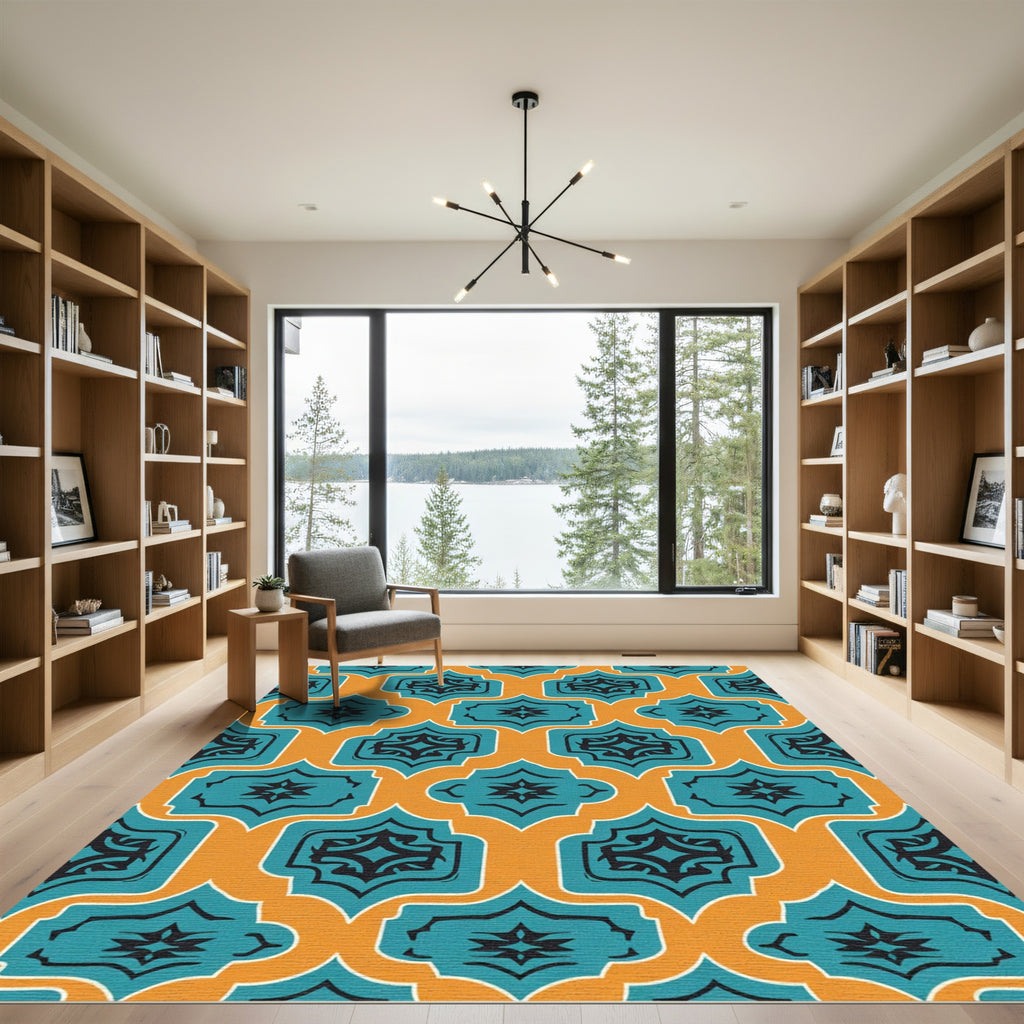 Teal Orange Quatrefoil Geometric Arrangement Rug