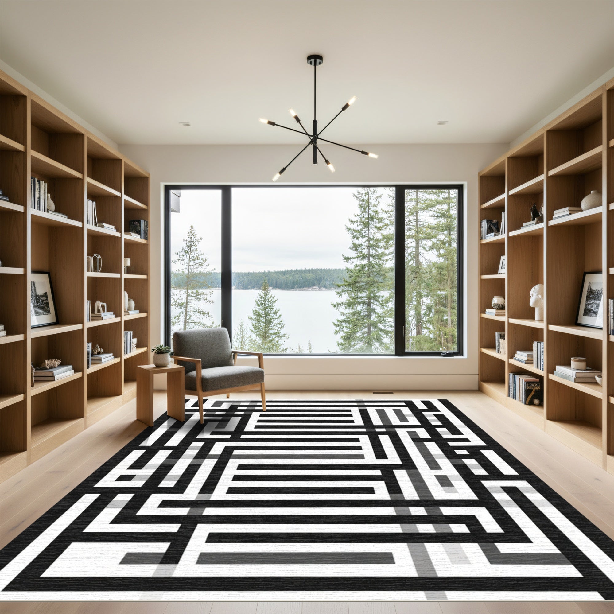 Monochromatic Geometric Maze Lines Rug