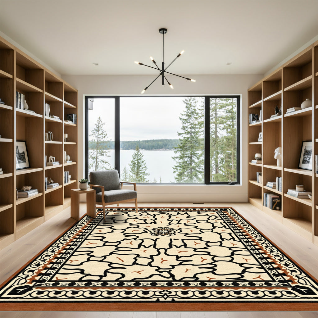 Cream Black Floral Medallion Border Rug