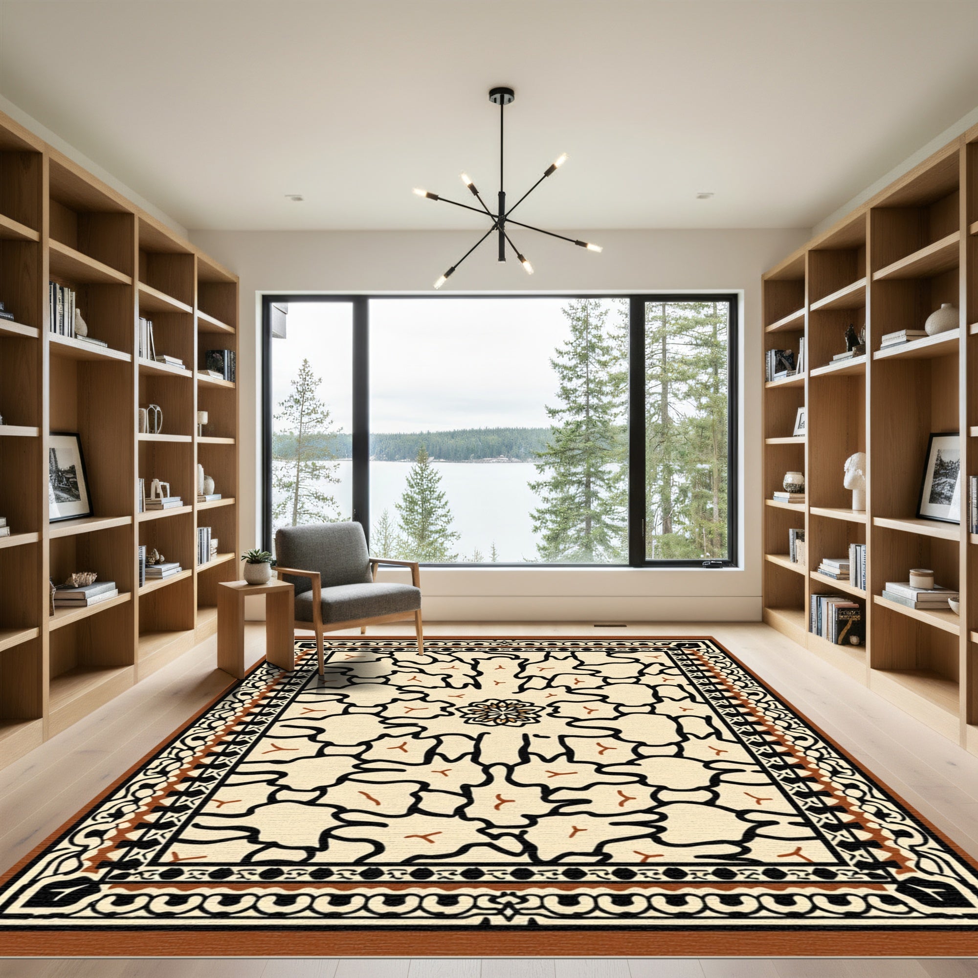 Cream Black Floral Medallion Border Rug