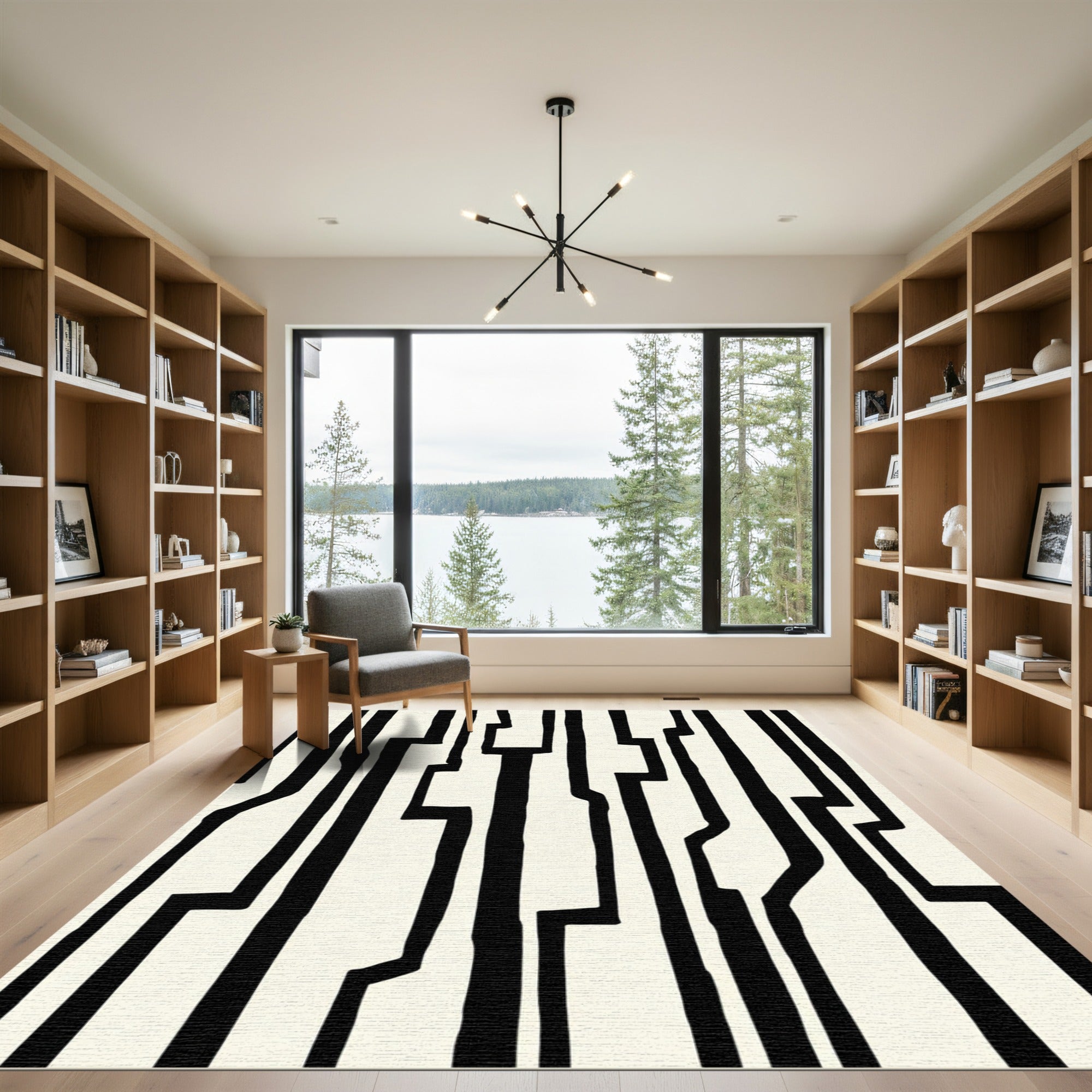 Black White Abstract Geometric Lines Rug