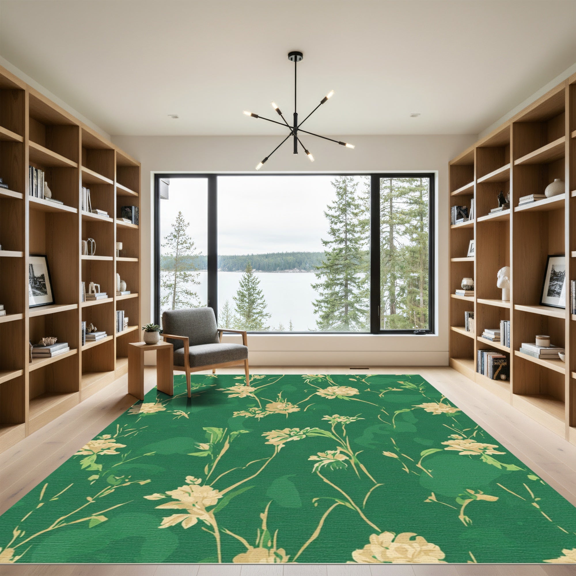 Cream Floral Vine Emerald Background Rug