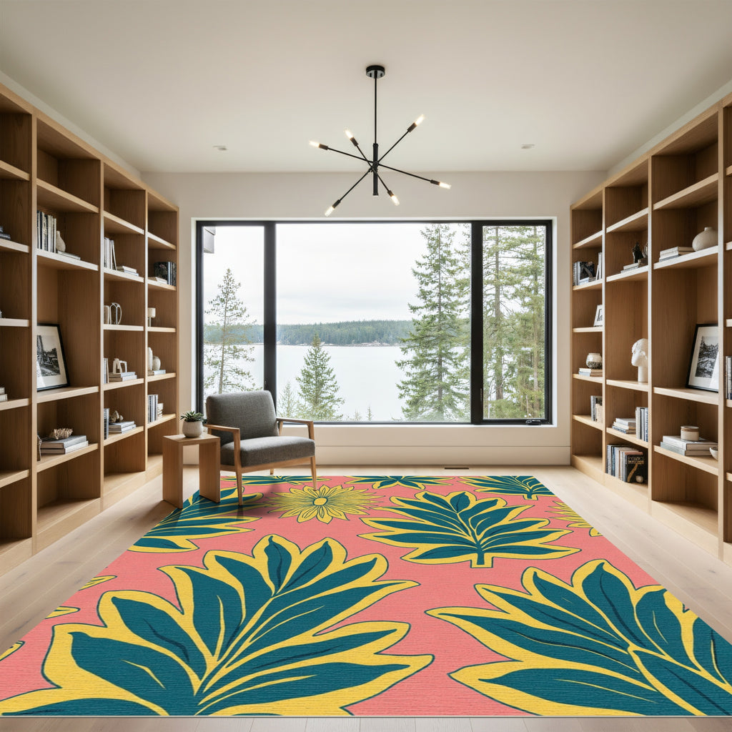 Coral Yellow Teal Leaf Floral Rug