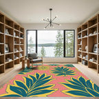 Coral Yellow Teal Leaf Floral Rug