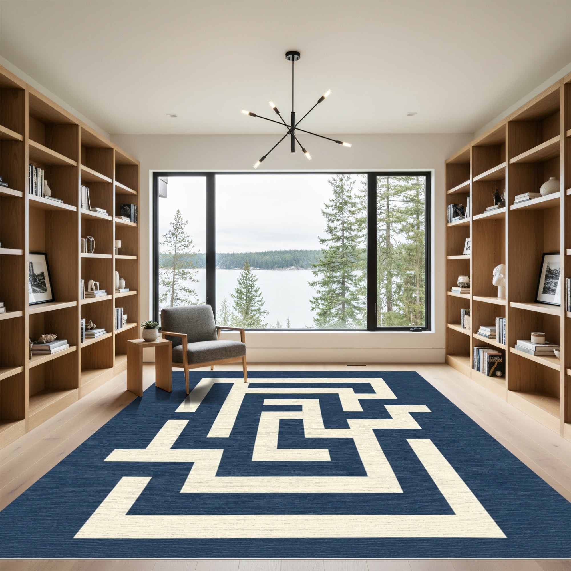 Navy Cream Geometric Maze Rug