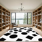 Black and White Geometric Circles Squares Rug