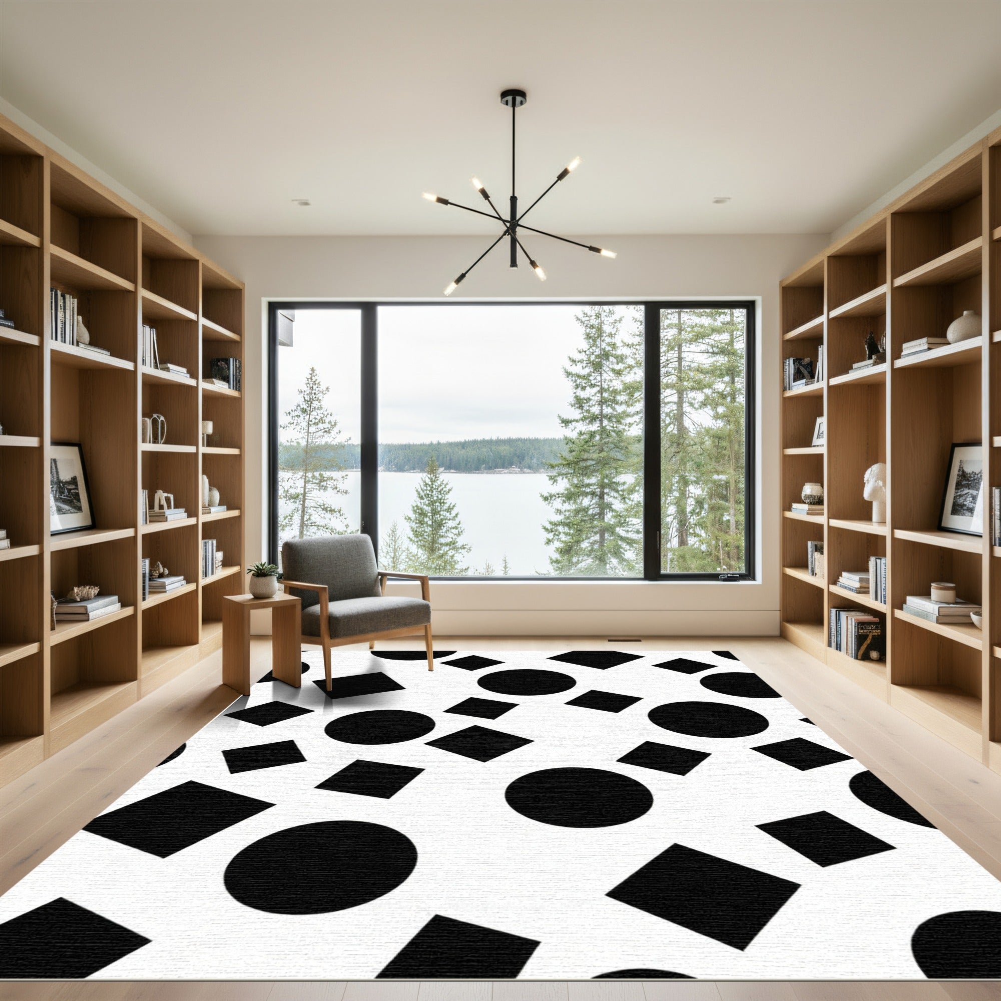 Black and White Geometric Circles Squares Rug