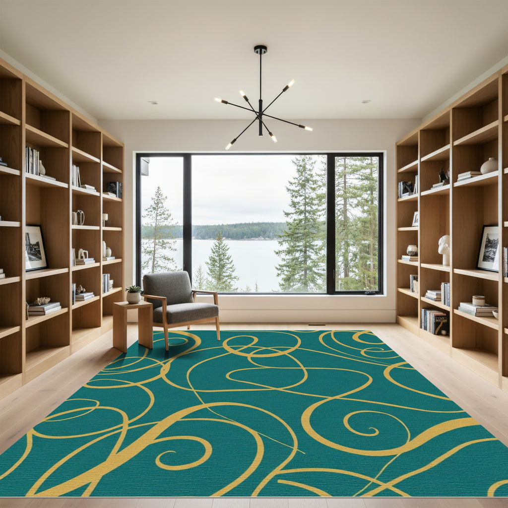 Teal Gold Swirling Lines Rug