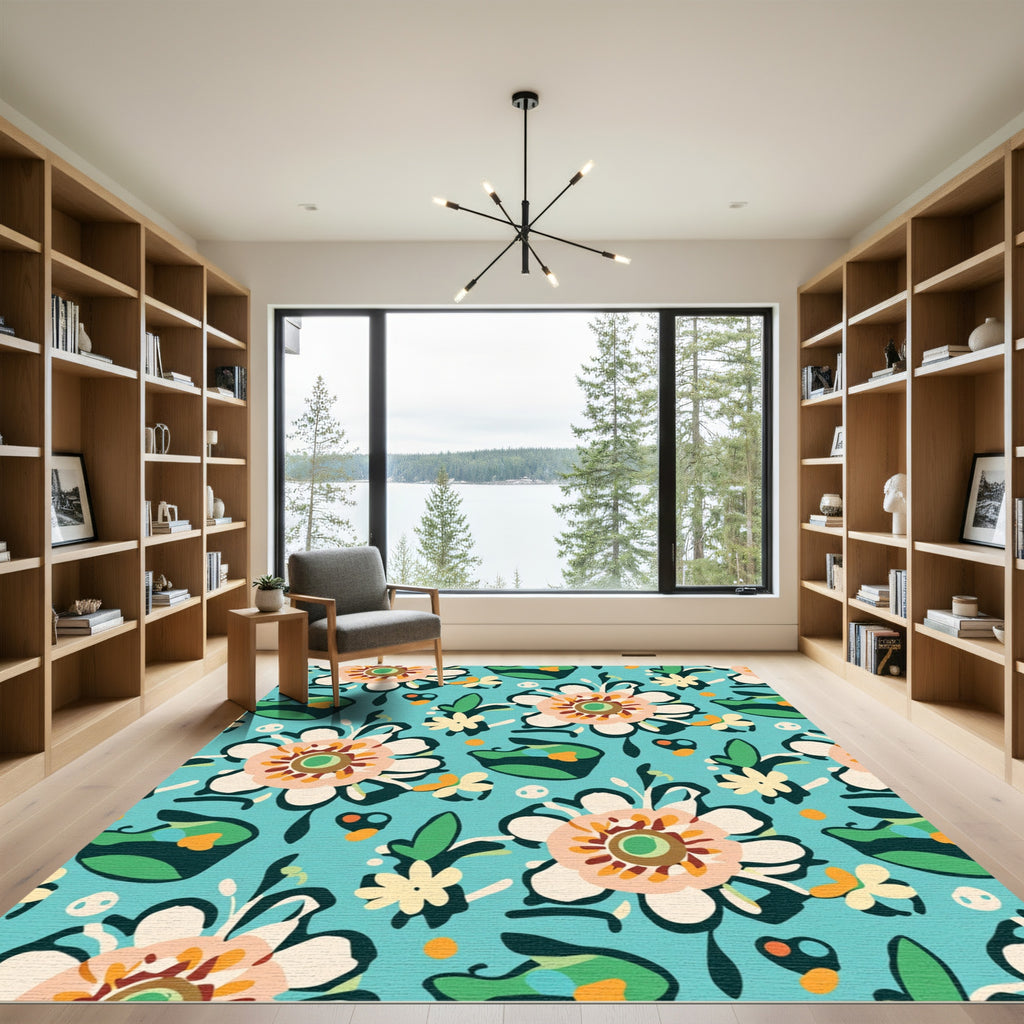 Turquoise Floral Whimsical Garden Medallion Rug