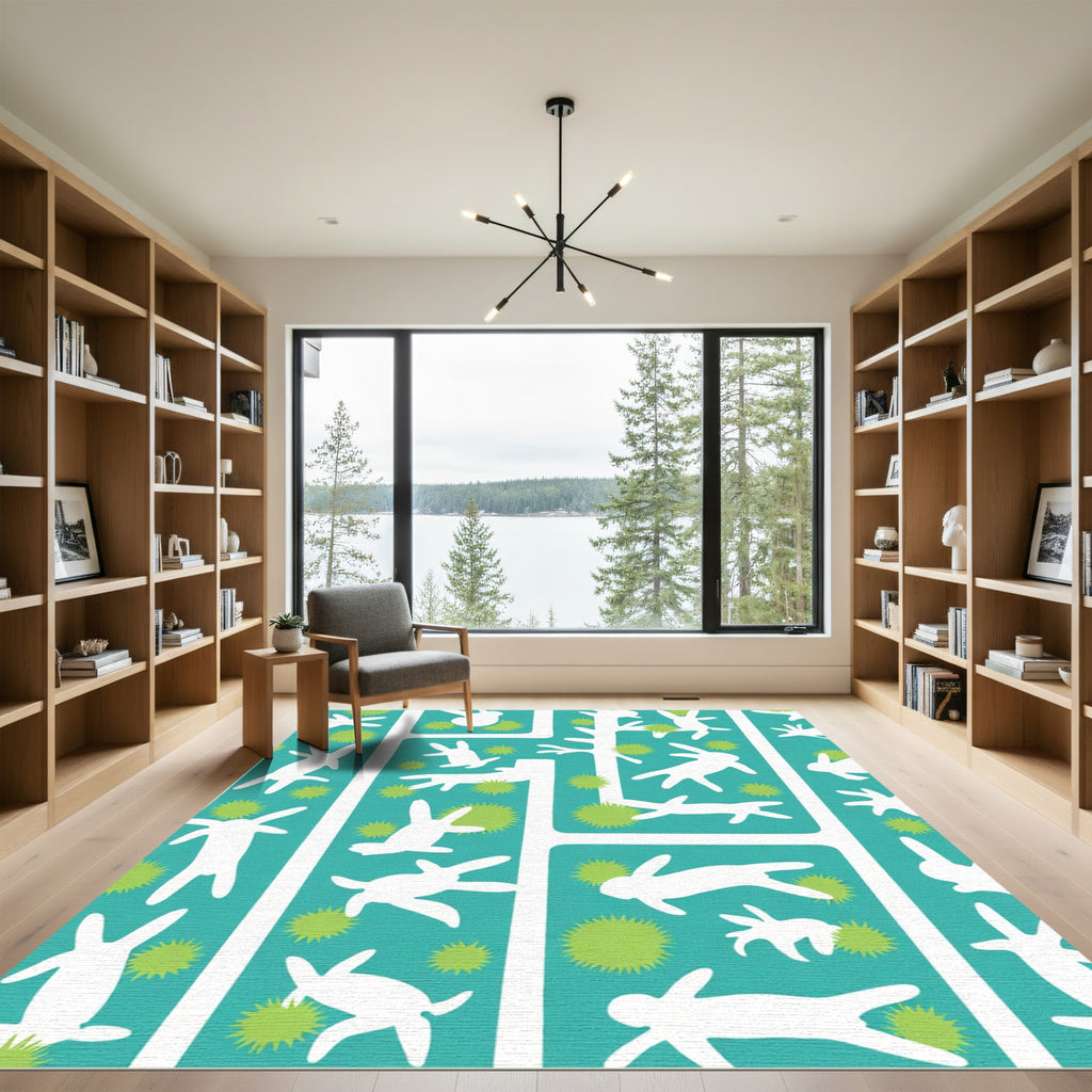 Teal White Rabbit Garden Scene Rug