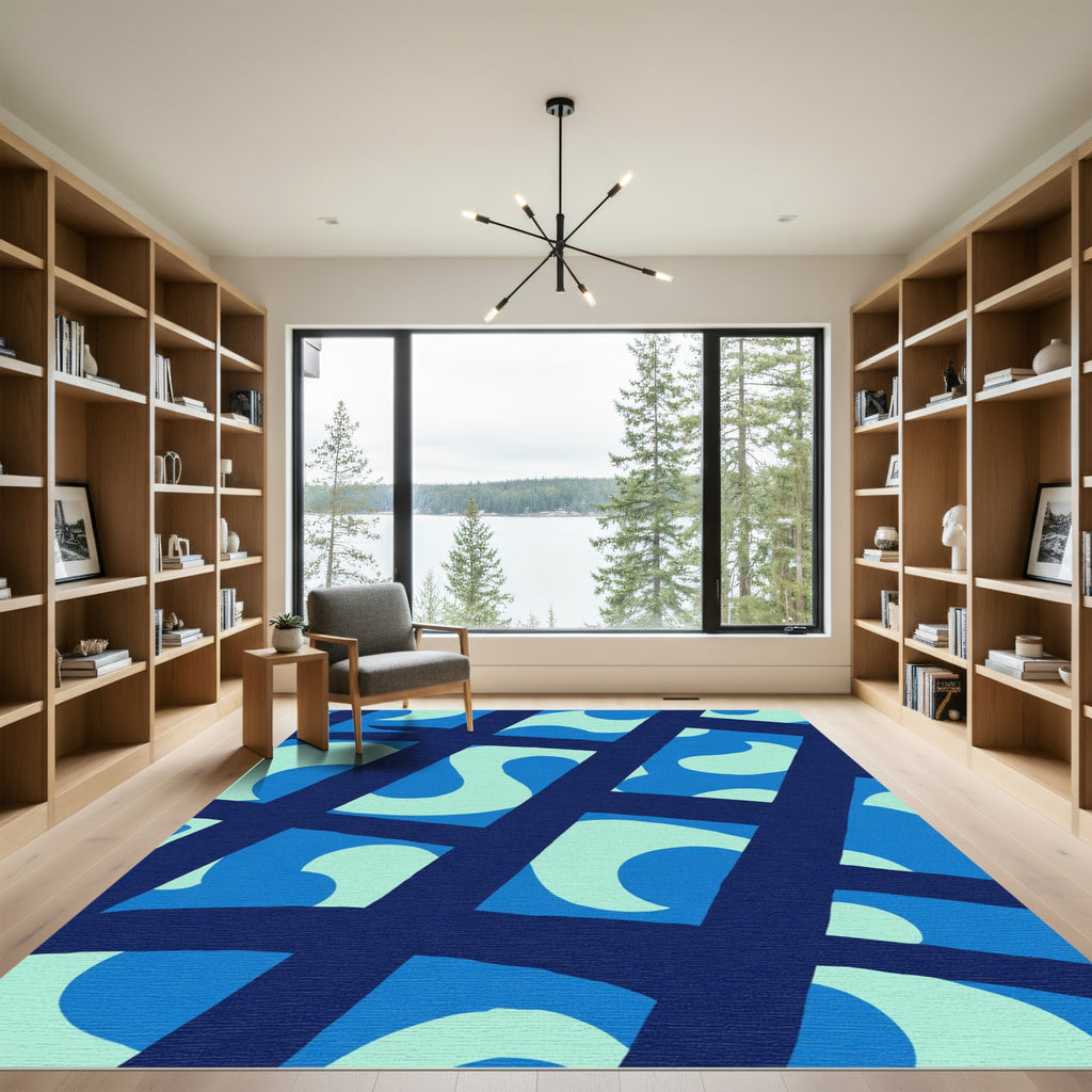 Deep Blue Abstract Organic Waves Rug