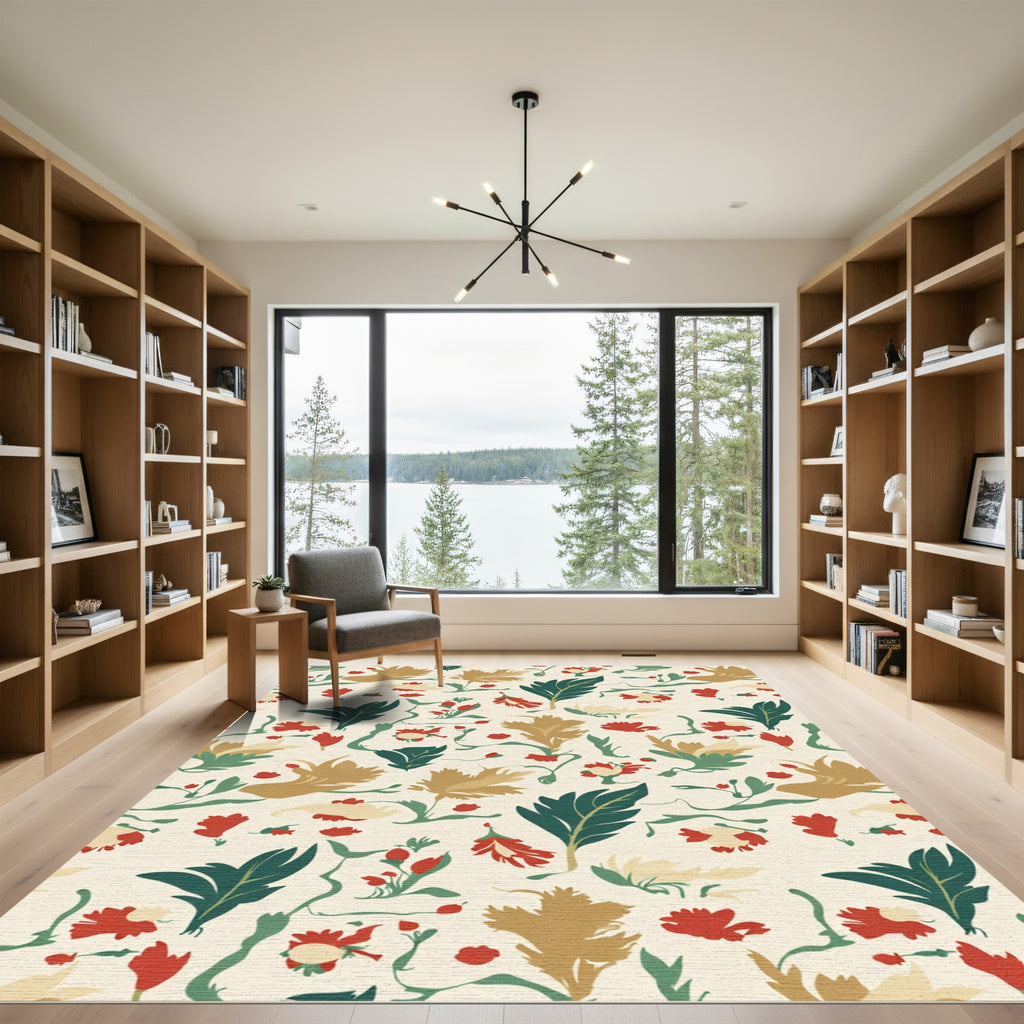 Delicate Red Brown Green Nature Blossoms Rug