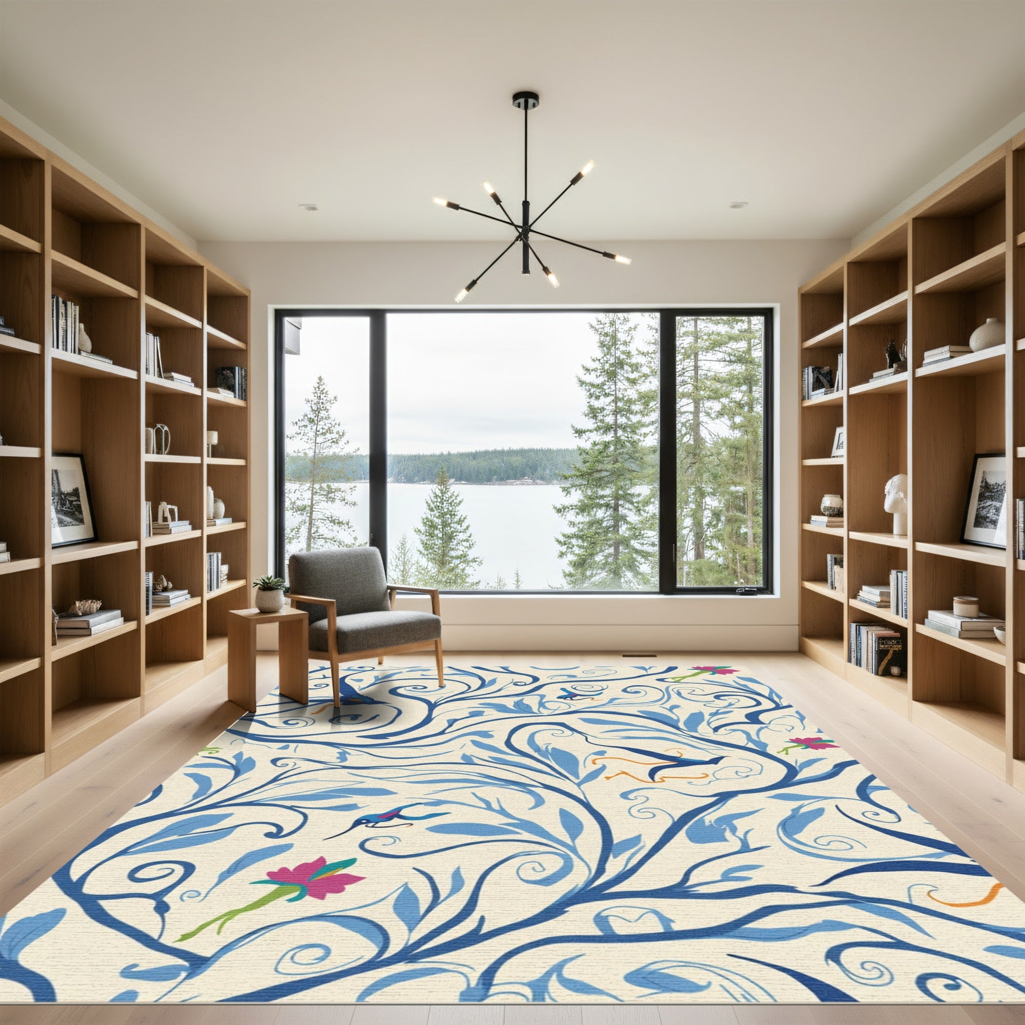 Blue Floral Bird Whimsy Swirl Rug
