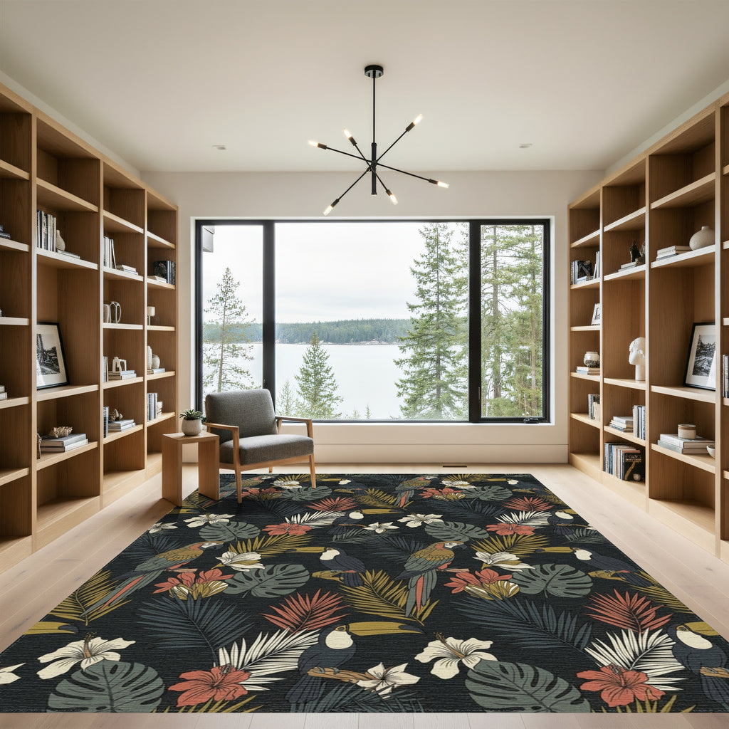 Exotic Macaws Toucans Tropical Foliage Rug