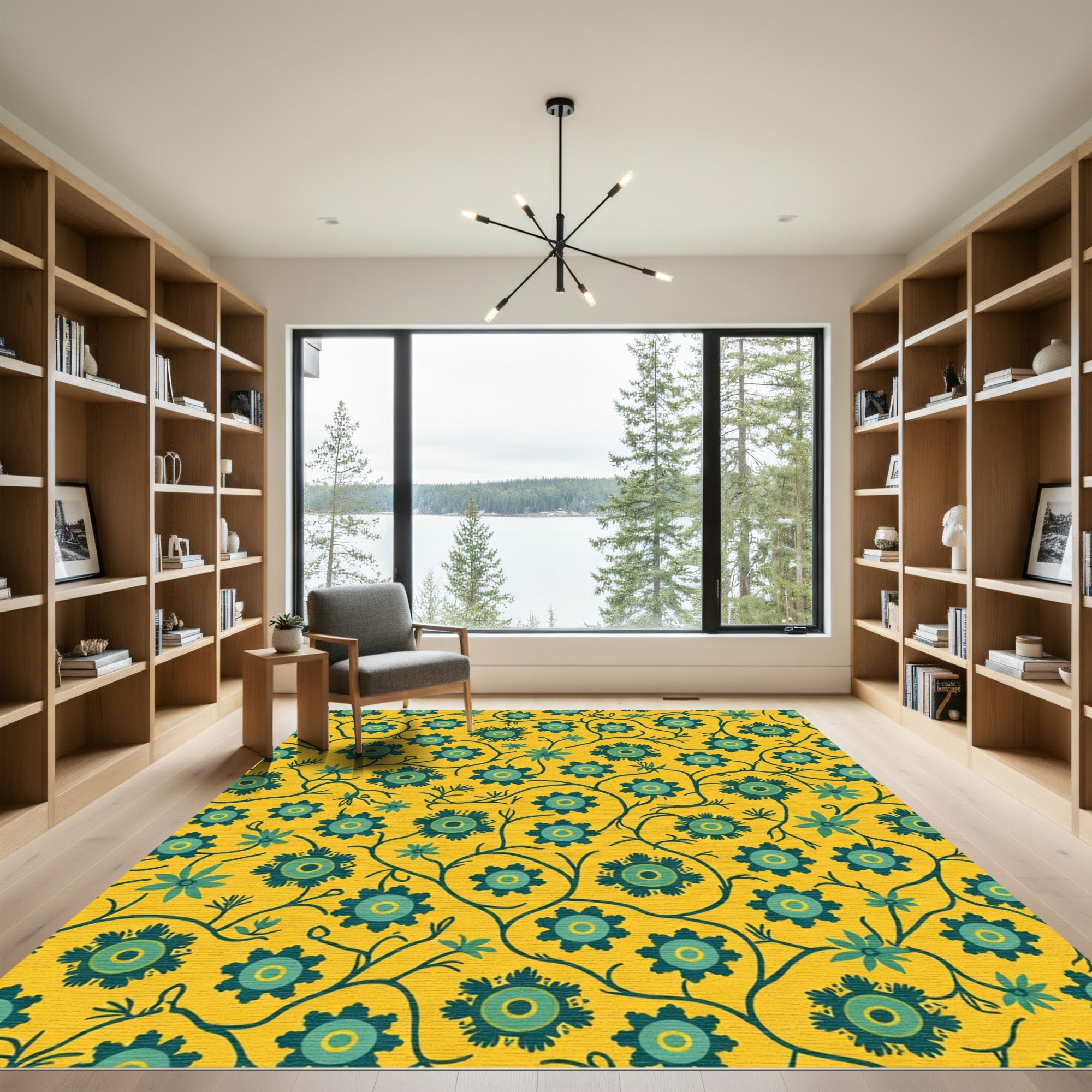 Golden Teal Floral Vine Rug