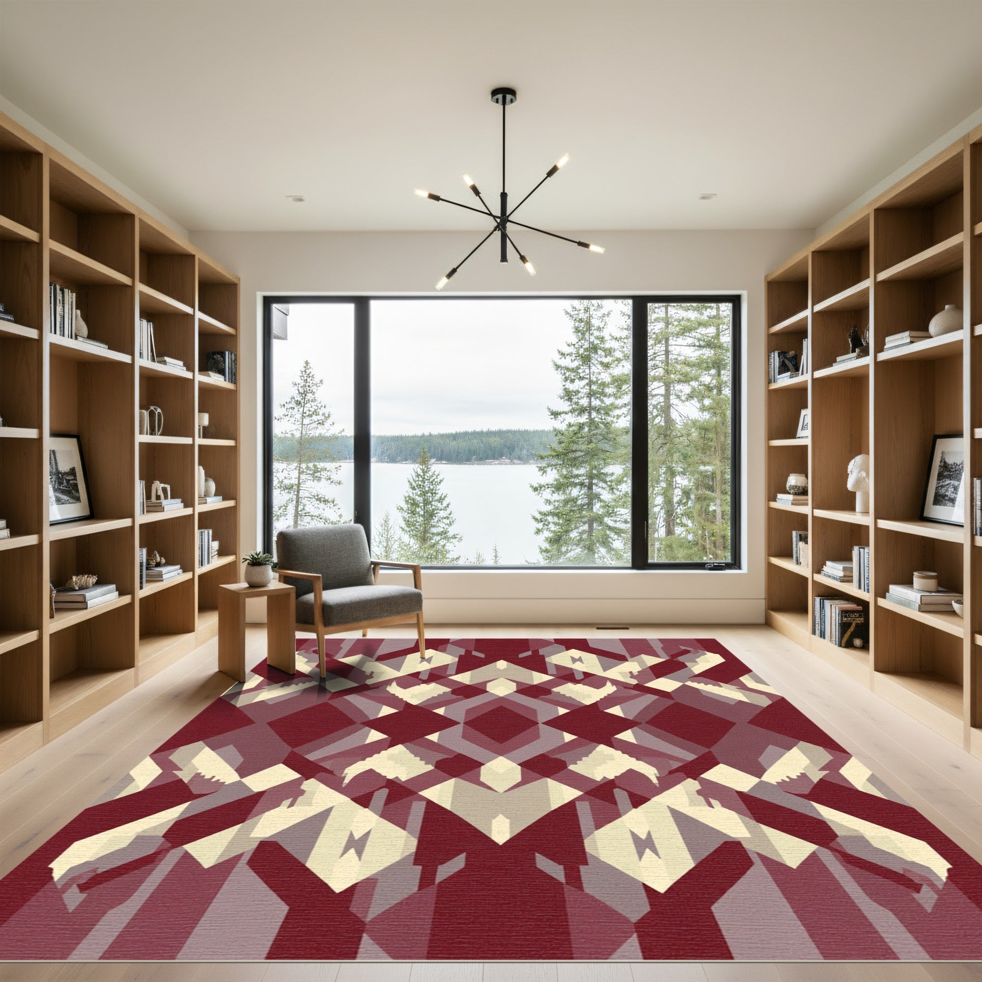 Deep Red Geometric Diamond Overlay Rug