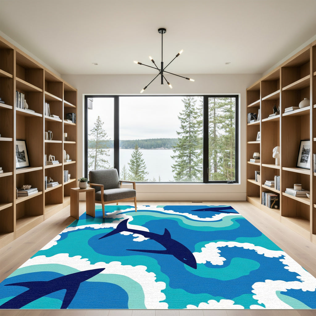 Ocean Blue Shark Waves Rug