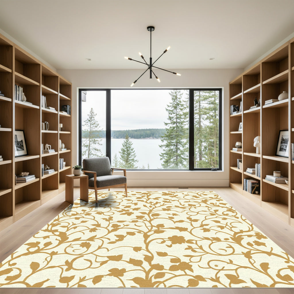 Golden Floral Vine Scroll Rug
