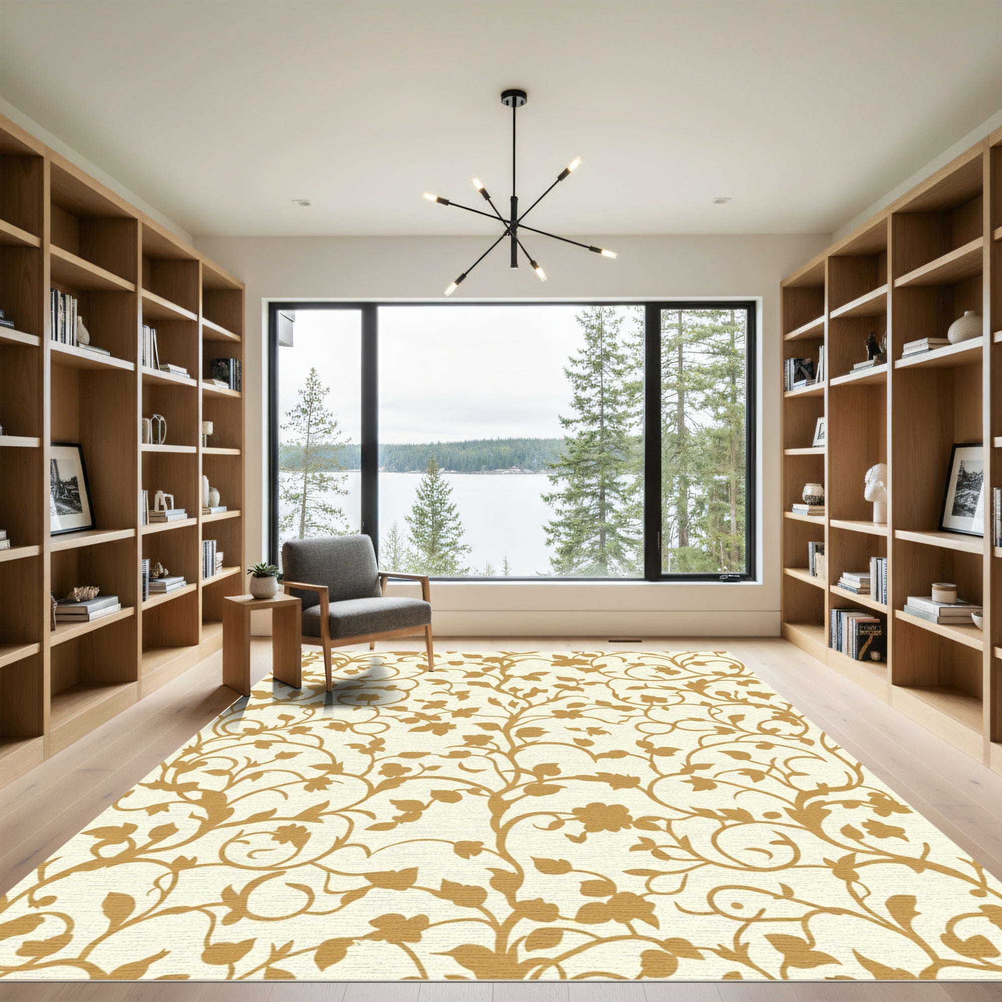 Golden Floral Vine Scroll Rug