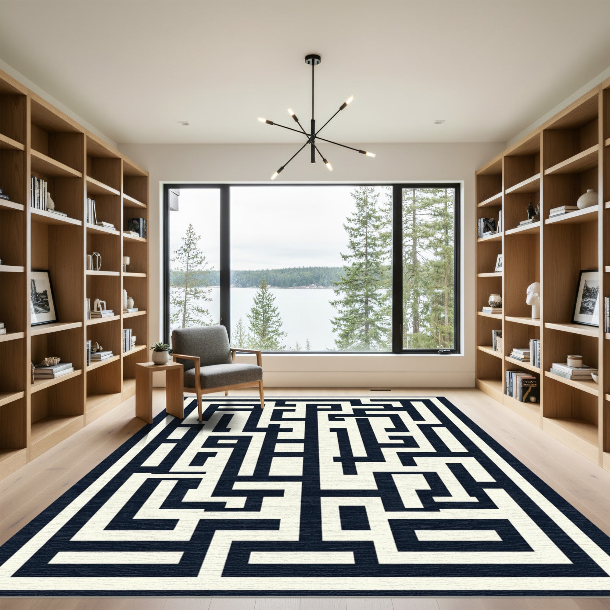 Navy Cream Maze Lines Rug