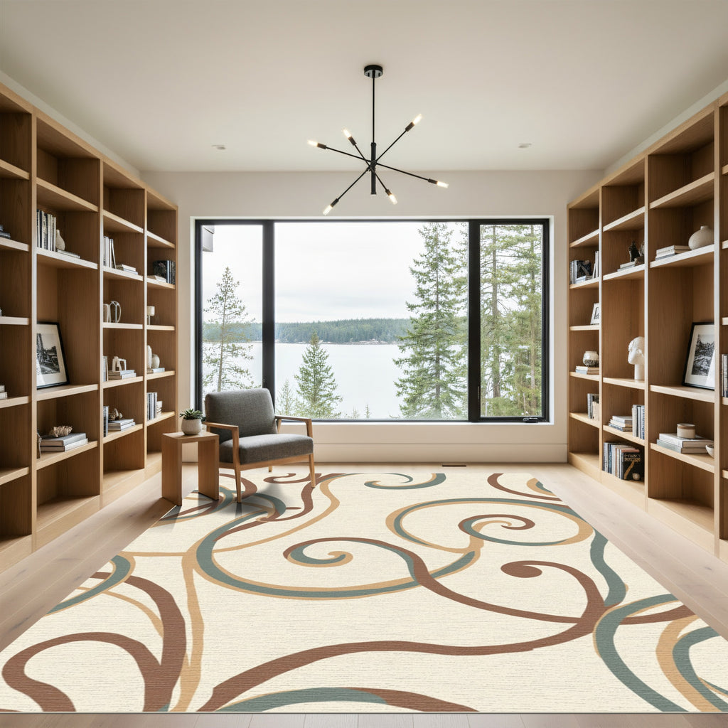 Cream Swirl Abstract Ribbon Art Rug