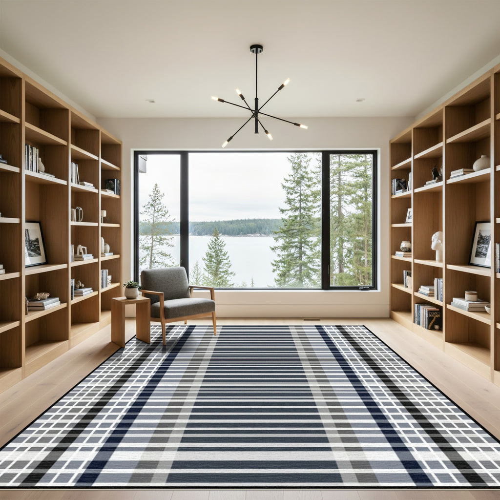 Modern Navy Gray Plaid Stripe Rug