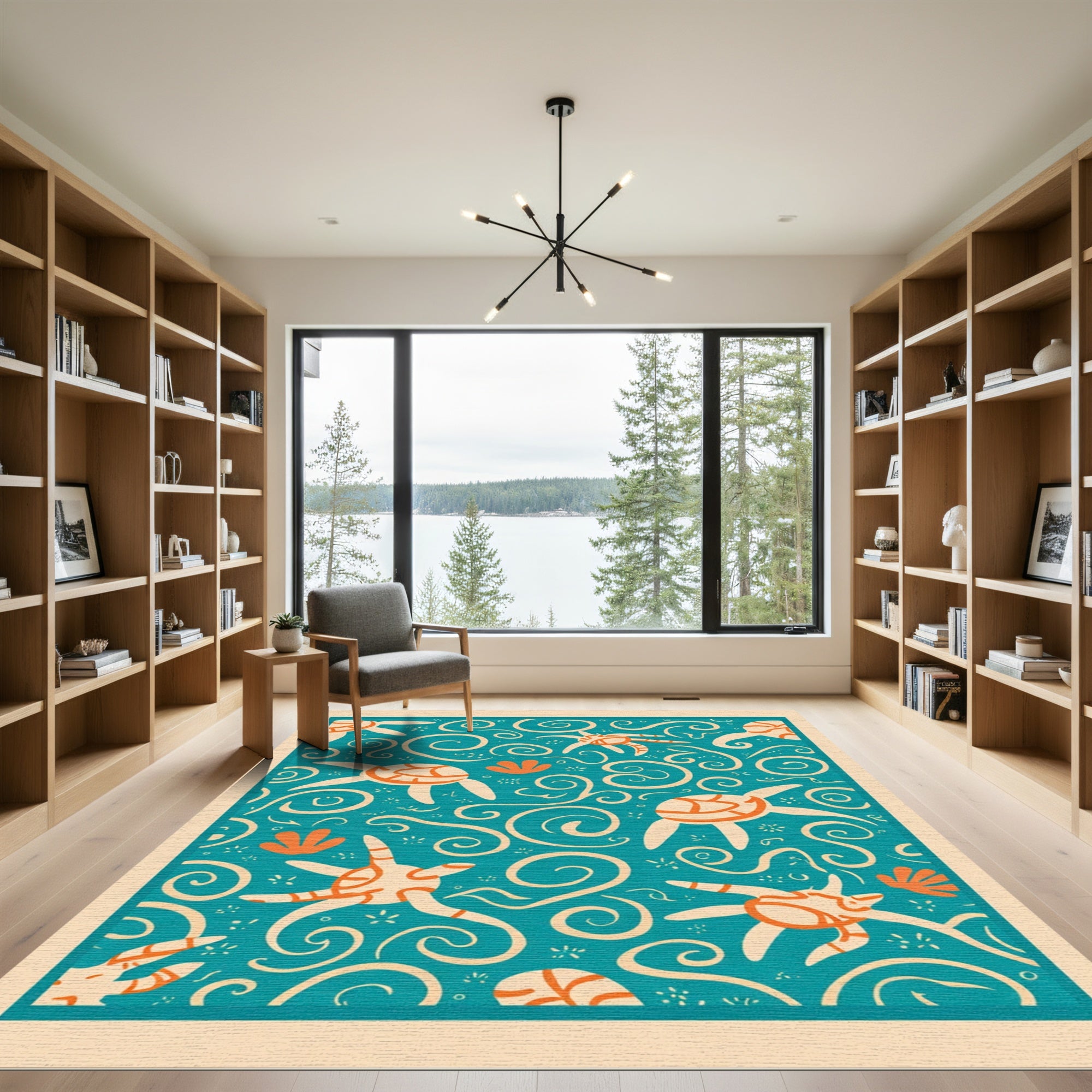 Teal Orange Sea Turtle Swirls Rug